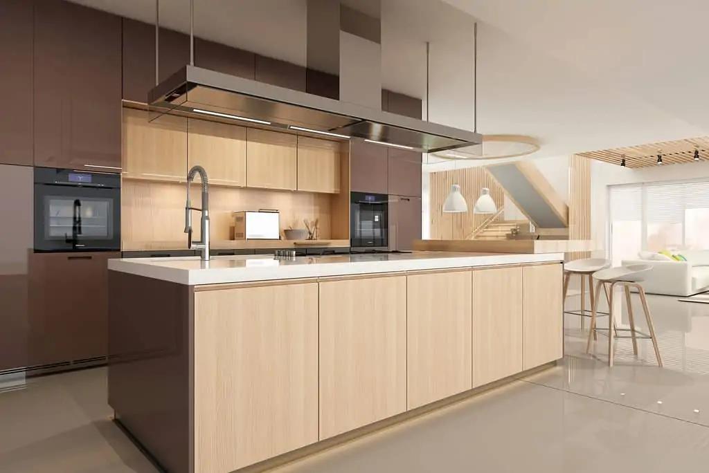 modern kitchen with tan wood cabinets